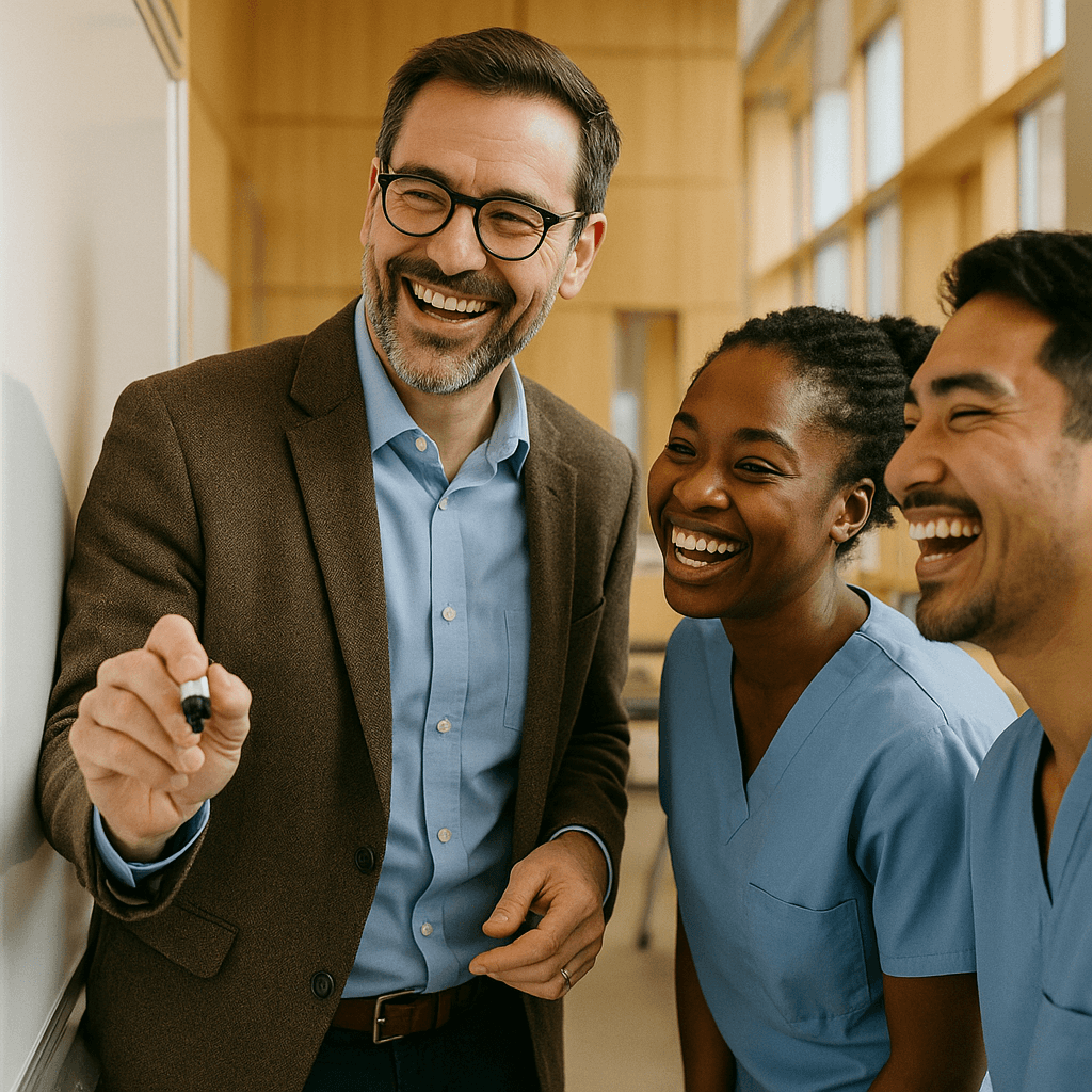 Instructor teaching medical students in a modern classroom