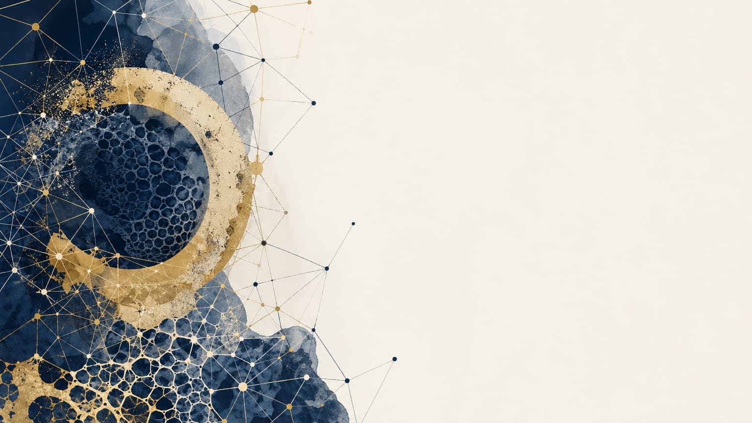 Abstract editorial composition representing AI methods meeting cancer biology at AACR 2026.