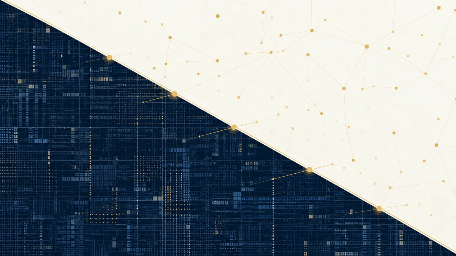 Abstract editorial composition for ASCO 2026 — a navy lattice of clinical records beside a gold network of computational signals on an ivory field.