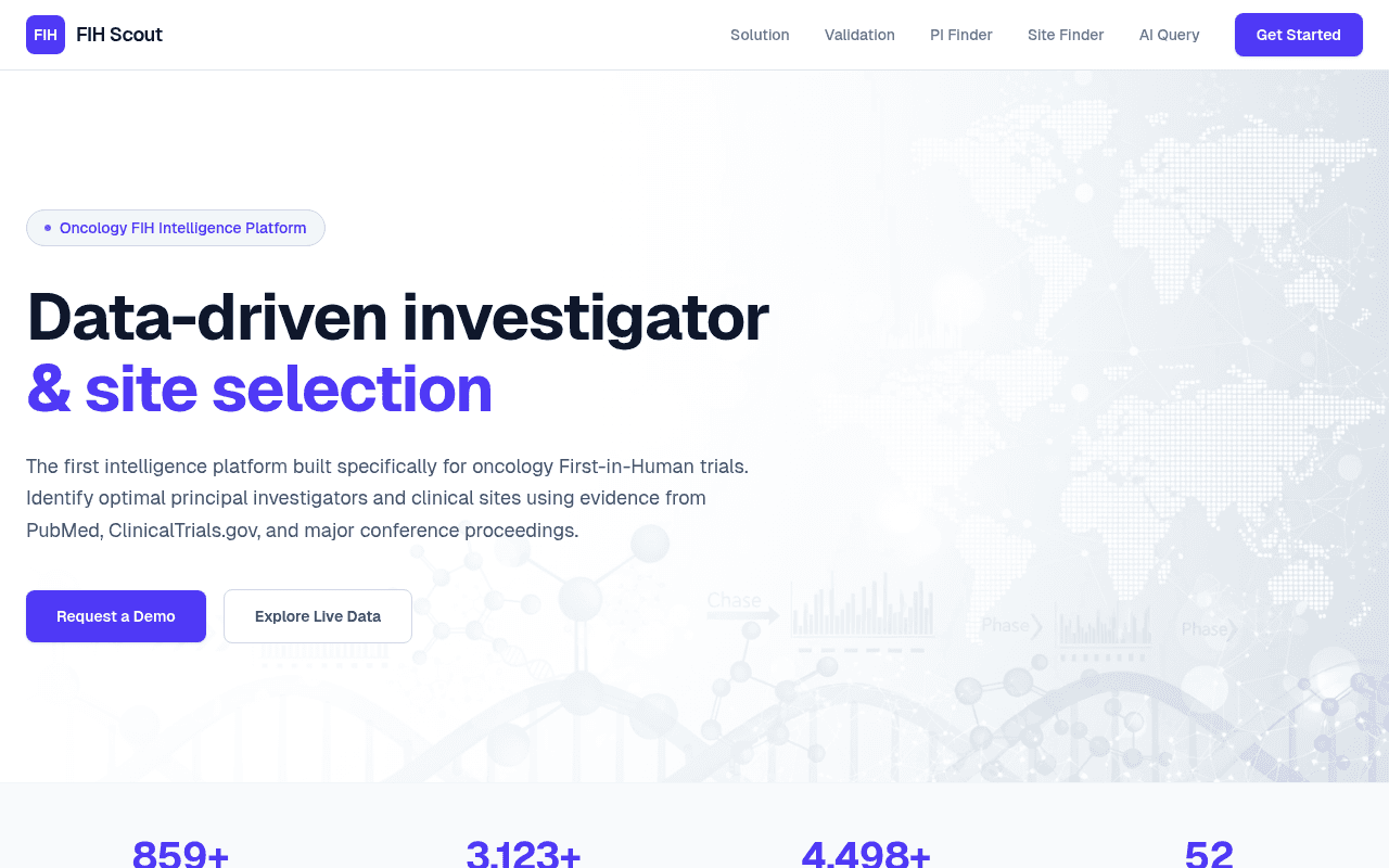FIH Scout platform homepage — oncology first-in-human trial intelligence