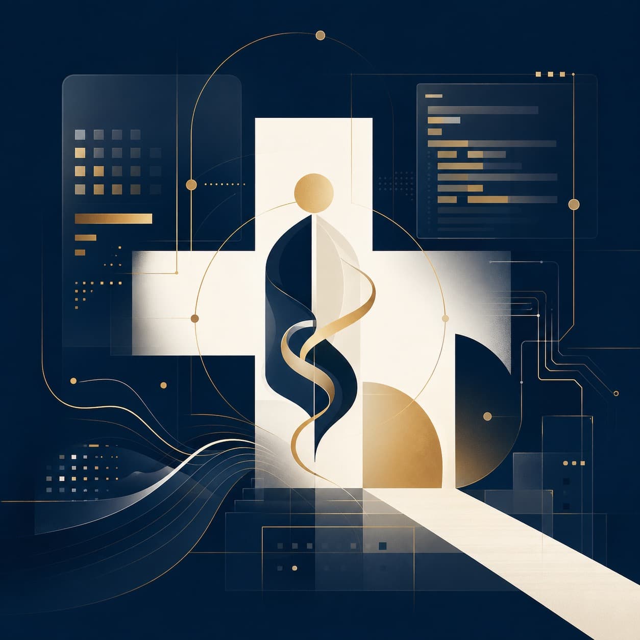 Editorial visual representing a doctor's AI-augmented daily workflow.